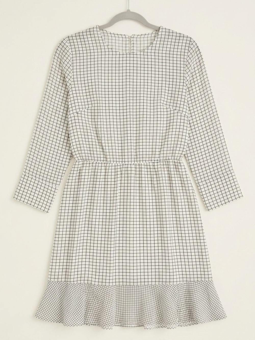 Club Monaco 100% Silk Grid Print Ruffle Dress White Black Long Sleeve Mini XXS - Picture 4 of 8